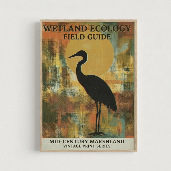 Framed vintage-style poster featuring a black silhouette of a heron against an abstract painted background in warm yellows, oranges, and muted greens. The artwork has a textured, brushed appearance reminiscent of mid-century design. Text at top reads "WETLAND ECOLOGY FIELD GUIDE" and bottom shows "MID-CENTURY MARSHLAND VINTAGE PRINT SERIES" in black lettering. The poster is displayed in a light wooden frame against a white wall.