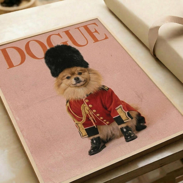 May include: Pink poster print featuring a fluffy Pomeranian dog wearing a red military-style uniform with gold braiding and buttons, black fur hat, and black boots. The dog has a chain collar and serious expression. "DOGUE" text appears in orange letters at top. Print sits on white bedding next to a white candle.