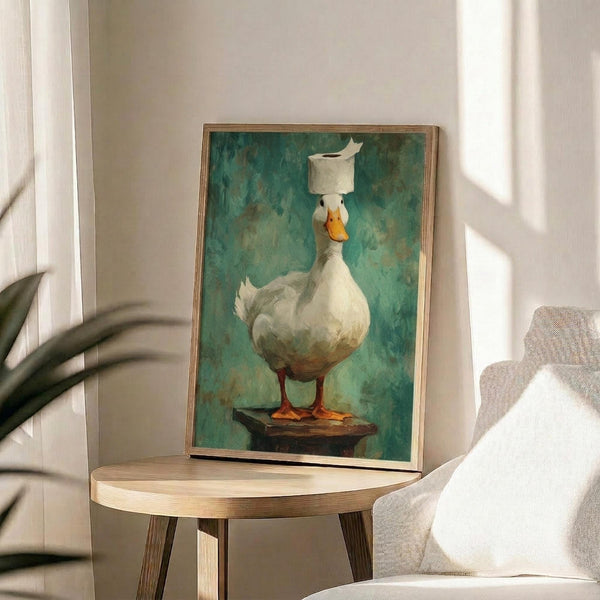 May include: Framed artwork showing a white duck with orange beak and feet balancing a white toilet paper roll on its head, painted in watercolor style against a turquoise-green background. The duck stands on a dark wooden platform. The piece is displayed in a thin wooden frame on a round wooden side table next to a beige upholstered chair with white throw pillow, with plant leaves visible in soft natural lighting.