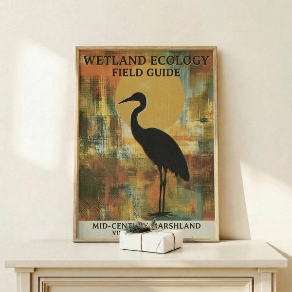May include: Framed vintage-style poster with earthy orange, yellow, and green brushstroke background featuring black silhouette of a long-necked wading bird. Text reads "WETLAND ECOLOGY FIELD GUIDE" at top and "MID-CENTURY MARSHLAND" at bottom. Displayed on light wooden shelf with small wrapped gift box beside it against cream colored wall.