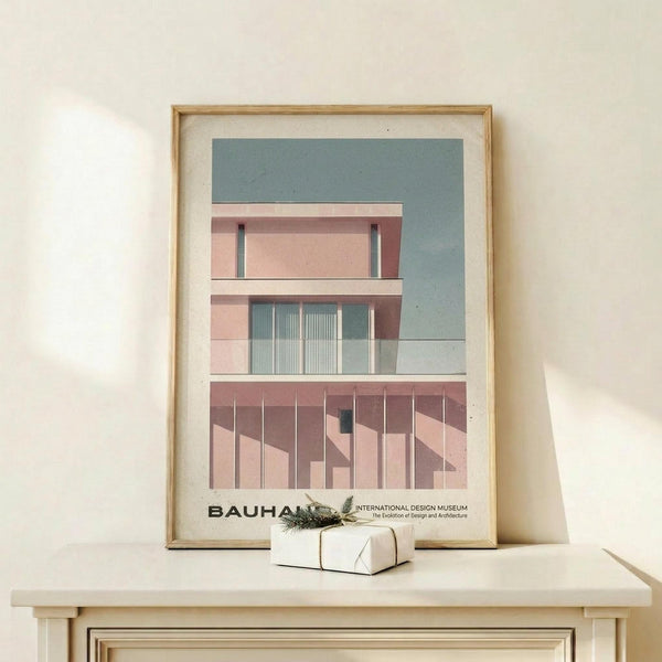 May include: Framed architectural poster with modernist building design in muted pink, sage green and white tones, displayed on light wood surface against cream wall. Small wrapped gift with evergreen sprig sits nearby. Thin wooden frame with white matting showcases geometric building facade with clean lines and minimalist aesthetic.