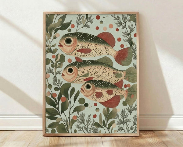 May include: Framed botanical art print featuring three speckled fish with large eyes swimming among green foliage and coral-colored berries on a pale mint background. The illustration shows fish with dotted patterns, reddish fins, and is displayed in a light wood frame leaning against a white wall on wooden flooring with soft natural lighting creating gentle shadows.