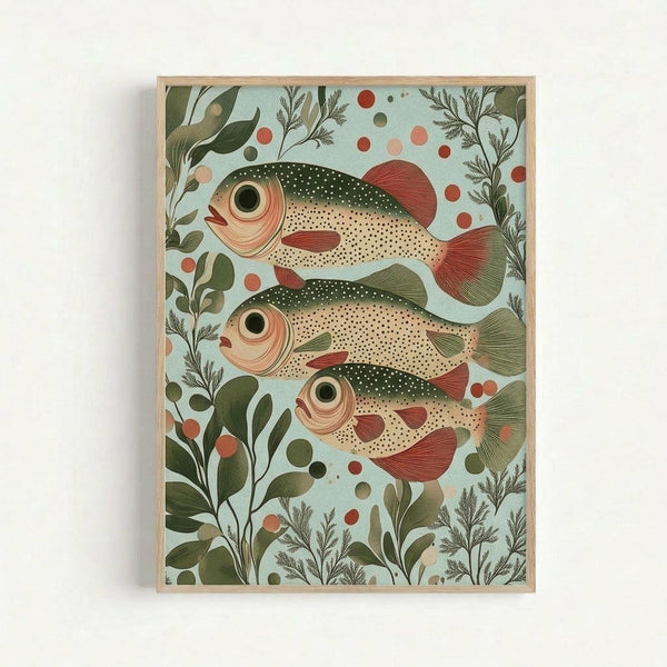 Vintage-style botanical illustration featuring three speckled fish swimming among aquatic plants in a light blue background. The fish have cream-colored bodies with green spotted backs, coral-red fins, and large dark eyes. Delicate green seaweed and stems surround them with scattered coral and olive dots creating bubbles. The artwork is displayed in a thin natural wood frame against a white wall.