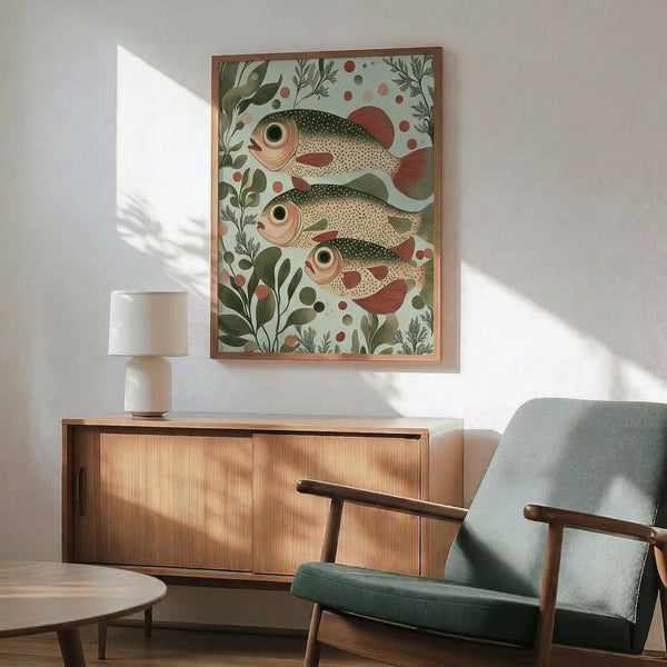 May include: Framed botanical fish print hanging above wooden sideboard in mid-century modern living room. Three speckled fish swim among green aquatic plants and coral dots on pale seafoam background. Warm wood frame matches furniture. Teal upholstered chair with wooden arms sits beside sideboard topped with white ceramic lamp. Natural sunlight casts shadows across white walls.