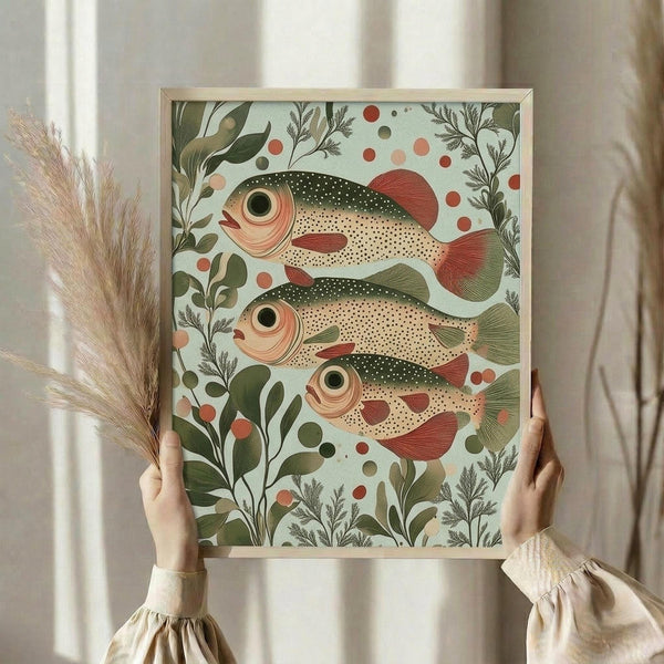 May include: Framed botanical art print featuring three detailed speckled fish with coral-colored fins arranged vertically, surrounded by green foliage, seaweed, and scattered coral dots on a light mint background. Person in cream sweater holds the light wood-framed artwork alongside dried pampas grass stems against soft white curtains in natural lighting.