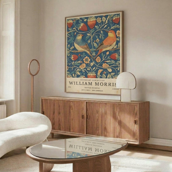 May include: Framed vintage exhibition poster featuring two colorful birds perched among strawberry plants and flowers on blue background, displayed above mid-century modern walnut credenza in minimalist living room with cream chair, glass coffee table, and neutral walls