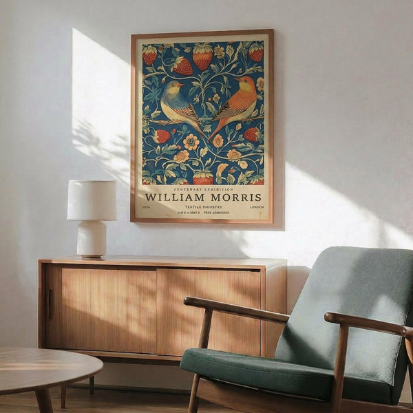 May include: Framed William Morris exhibition poster featuring two birds surrounded by strawberries and foliage in blue, red and cream colors, displayed above a wooden sideboard with white ceramic lamp in a mid-century modern room setting with sage green upholstered chair and round wooden coffee table.