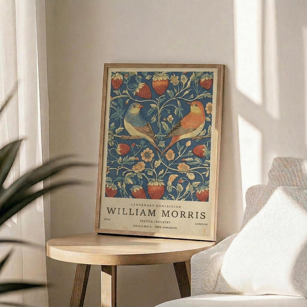 May include: Framed William Morris exhibition poster featuring two birds perched among strawberries and flowers on blue background, displayed on round wooden side table next to beige upholstered chair with decorative pillow. Natural lighting creates soft shadows on cream wall, with green plant visible in corner.