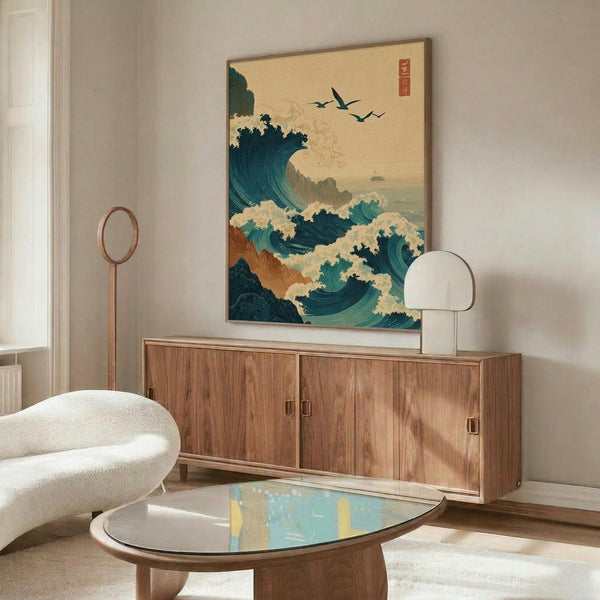 May include: Japanese-style wave artwork displayed above wooden credenza in modern living room. Print features dramatic blue-green ocean waves with white foam, flying birds, and beige sky with red text block. Warm wood furniture, white curved chair, glass coffee table, and neutral walls complete the serene interior scene.