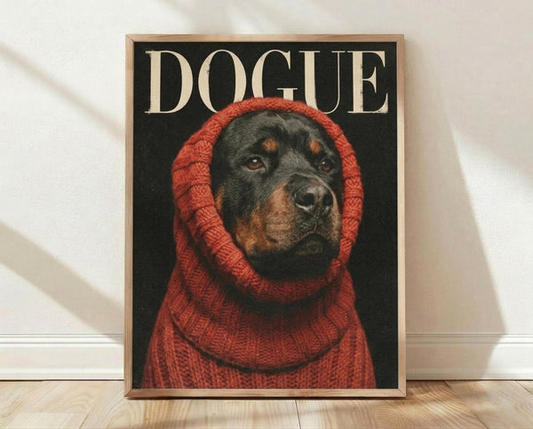 May include: Framed poster print leaning against white wall on light wood floor. Shows Rottweiler dog wearing chunky red knit sweater with hood up against dark background. Text "DOGUE" in cream letters at top mimics fashion magazine style. Natural wood frame, soft window light creating shadows on textured white wall.