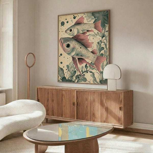May include: Vintage-style fish illustration artwork displayed above mid-century walnut credenza in modern living room. Two detailed fish with pink fins and speckled bodies swim among green botanical elements on cream background. Wood-framed poster hangs on white wall. Scene includes white curved chair, oval glass coffee table, and brass lighting fixtures.