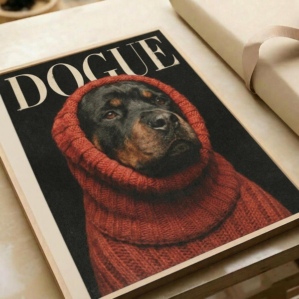 A Rottweiler wearing a chunky red knit sweater and hood is featured on the cover of a mock Dogue magazine, styled like Vogue. The dog has a black and tan coat with warm brown eyes, photographed against a dark background. The magazine lies on a light wooden surface next to cream-colored paper and ribbon, creating an elegant flat lay styling.