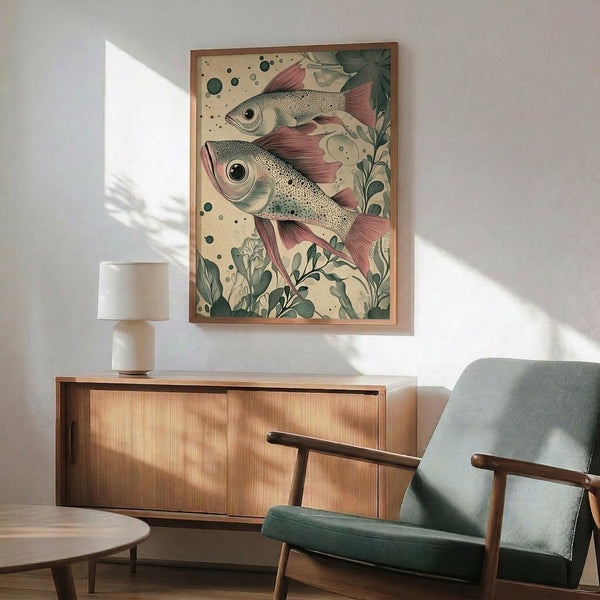 May include: Framed vintage-style illustration of two detailed fish with pink fins swimming among green aquatic plants and bubbles, displayed above a wooden sideboard with lamp in modern living room setting with sage green upholstered chair and round coffee table
