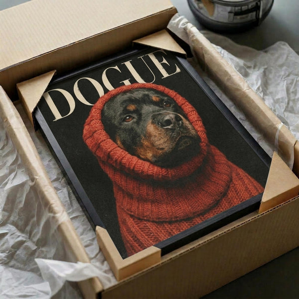 May include: Black framed poster featuring a Rottweiler dog wearing a chunky red knit sweater against a dark background, with "DOGUE" text at the top in cream lettering. The print is packaged in a cardboard shipping box with white tissue paper padding, shown alongside wooden rolling pin and glass jar on a neutral surface.