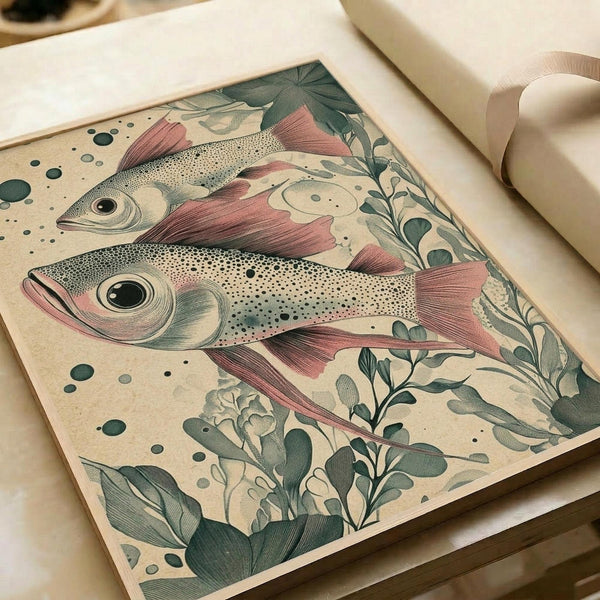 Vintage-style botanical illustration featuring two detailed fish with pink fins swimming among green foliage and plant stems. The artwork displays muted tones of sage green, dusty pink, and cream with scattered dots and organic shapes. The print lies flat on white paper with a beige ribbon visible in the corner, showing fine line work and scientific illustration styling reminiscent of antique natural history books.