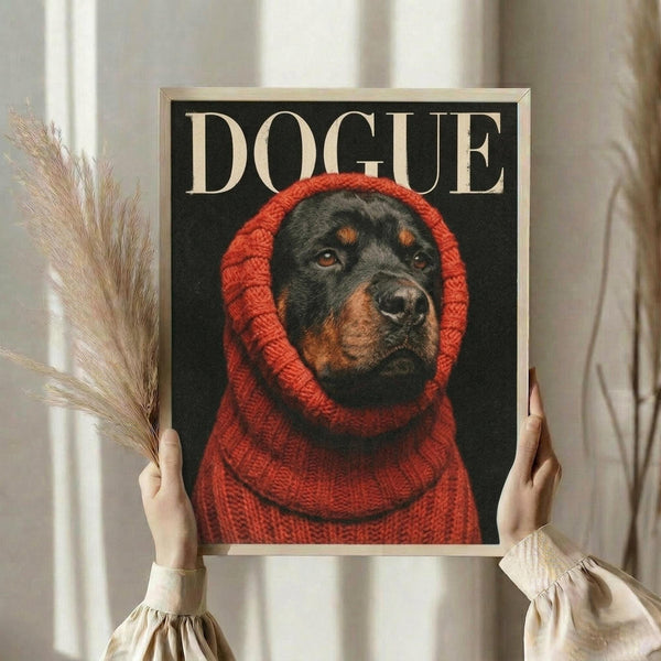 May include: Hands holding a framed poster featuring a Rottweiler dog wearing a chunky red knit sweater with hood against a black background, with "DOGUE" text at top in cream letters. Person wears cream-colored ruffled sleeves, holds dried wheat stems, standing near white curtained window in soft natural lighting.