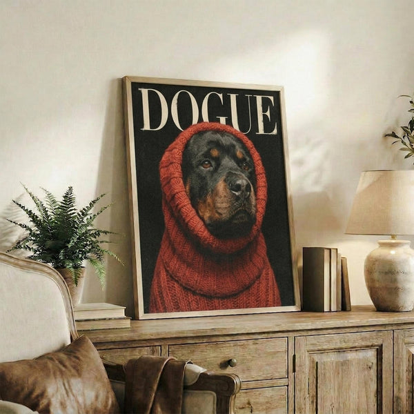 May include: Framed poster featuring a Rottweiler dog wearing a chunky red knit sweater with hood against a dark background, with "DOGUE" text at top in cream letters. The wooden-framed artwork sits on a rustic wooden sideboard alongside books, pottery, and a fern plant, with a beige upholstered chair and throw pillows visible in a warm, neutral-toned living room setting.