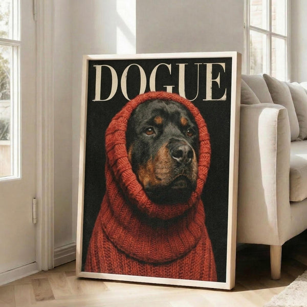 May include: Framed poster featuring a Rottweiler dog wearing a chunky red knit sweater and hood against a dark background, with "DOGUE" text at the top in cream lettering. The artwork is displayed in a light wooden frame leaning against a white wall near large windows, positioned next to a beige upholstered chair in a bright, minimalist living room with hardwood floors.