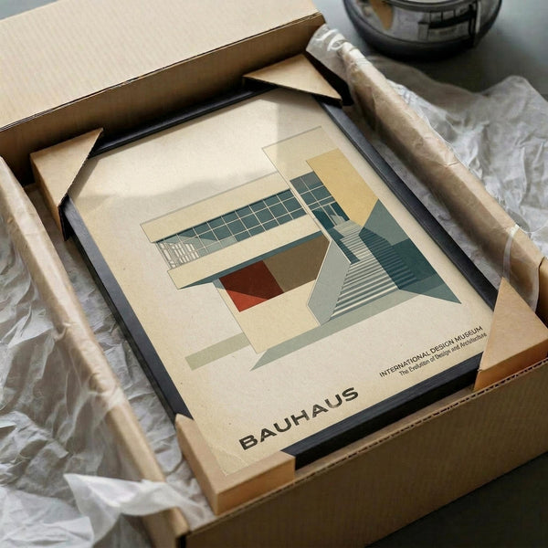 May include: Framed Bauhaus architectural print featuring geometric building design with teal grid pattern, orange and green color blocks, displayed in black frame being unwrapped from cardboard box with brown paper wrapping and white tissue paper on neutral surface.