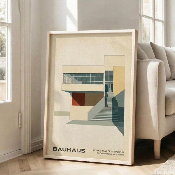 May include: Framed Bauhaus poster featuring geometric architectural illustration in muted teal, orange, and cream tones showing modernist building with stairs and windows, displayed on light wooden floor against white wall beside beige upholstered sofa in bright room with tall windows