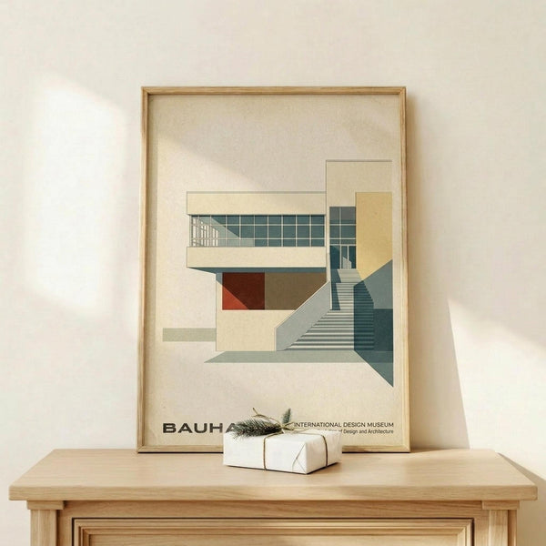 May include: Framed architectural poster featuring modernist building with geometric shapes in muted tones of teal, orange, beige and gray, displayed on light wood surface next to small wrapped gift with pine sprig, against cream wall with natural lighting