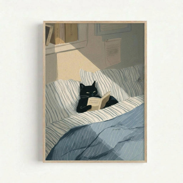 A framed art print showing a black cat with bright yellow eyes lying on striped bedding while reading an open book. The illustration features soft, muted colors with blue and white striped pillows and blanket. Sunlight streams across the cozy bedroom scene, with bookshelves visible in the background. The artwork has a gentle, whimsical style and is displayed in a light wood frame against a white wall.