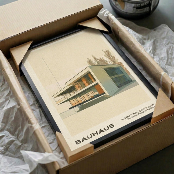 May include: Framed Bauhaus-style architectural print featuring a modernist building design in muted green, orange and beige tones, displayed in a black frame within an open cardboard shipping box surrounded by white tissue paper and brown paper tubes on a neutral surface.