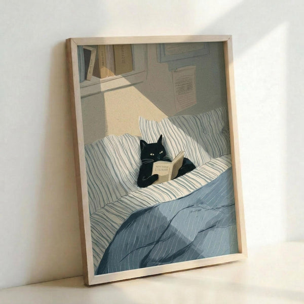 May include: Framed artwork leaning against white wall showing black cat reading small book while sitting in bed with blue striped pillows and blankets. Cozy bedroom scene with warm lighting from lamp, bookshelves visible in background. Light wood frame contains illustration in muted blue and cream tones with realistic, detailed art style.