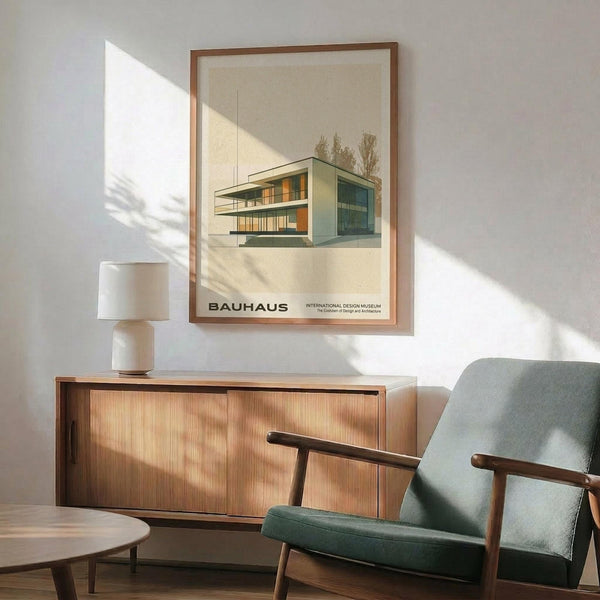 May include: Framed Bauhaus architectural poster showing modernist building in muted green and orange tones, displayed above wooden sideboard with white ceramic lamp. Mid-century armchair with sage green upholstery and walnut arms sits nearby. Natural sunlight creates geometric shadows on white wall, complementing the clean lines and warm wood furniture in this minimalist interior setting.