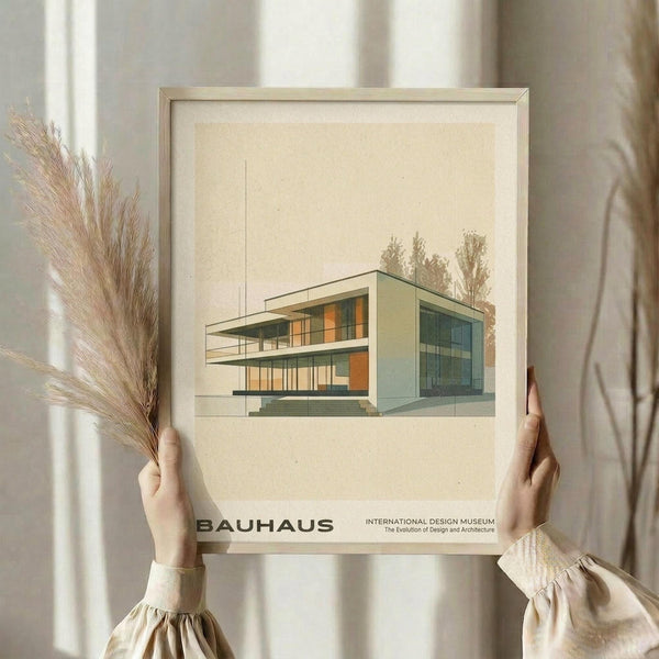 May include: Person holding framed modernist architectural print showing geometric building design in green, orange and blue tones. Light wood frame with cream matting, held alongside dried pampas grass stems against soft neutral background with window lighting.