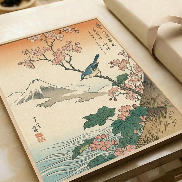 Japanese woodblock print featuring a blue bird perched on a cherry blossom branch with pink flowers, Mount Fuji visible in the background through clouds, and flowing water with green leaves in the foreground. The artwork displays traditional ukiyo-e style with muted earth tones and includes Japanese calligraphy and red artist seals. The print is displayed in an open book or portfolio against white pages.