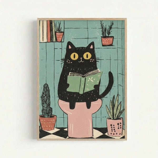 Whimsical illustration of a black cat with yellow eyes sitting on a pink toilet while reading a green book. The bathroom scene features turquoise tile walls, potted plants on shelves and floor including a cactus and leafy plants in terracotta and pink pots. The artwork has a folk art style with textured brushstrokes and is displayed in a light wood frame against a white wall.
