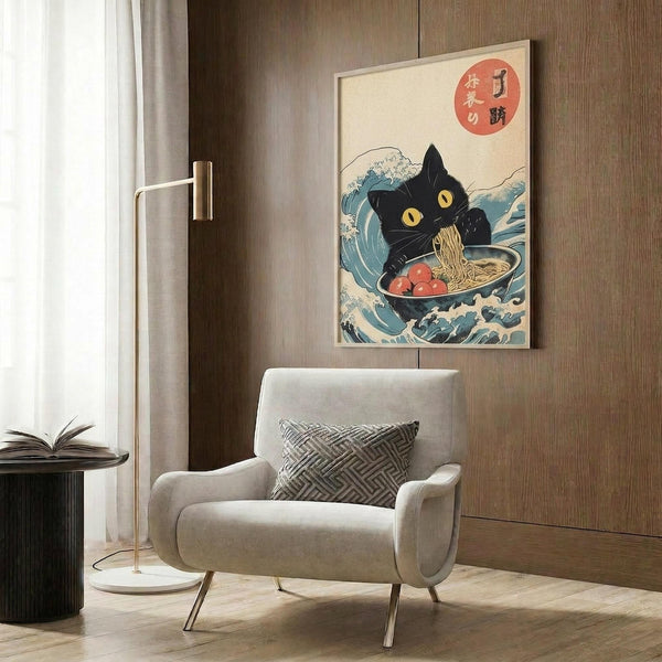 May include: Framed poster print featuring a black cat with yellow eyes emerging from stylized blue ocean waves while holding a bowl of ramen noodles, displayed on wood-paneled wall above beige armchair with geometric pillow in modern living room setting with brass floor lamp and side table