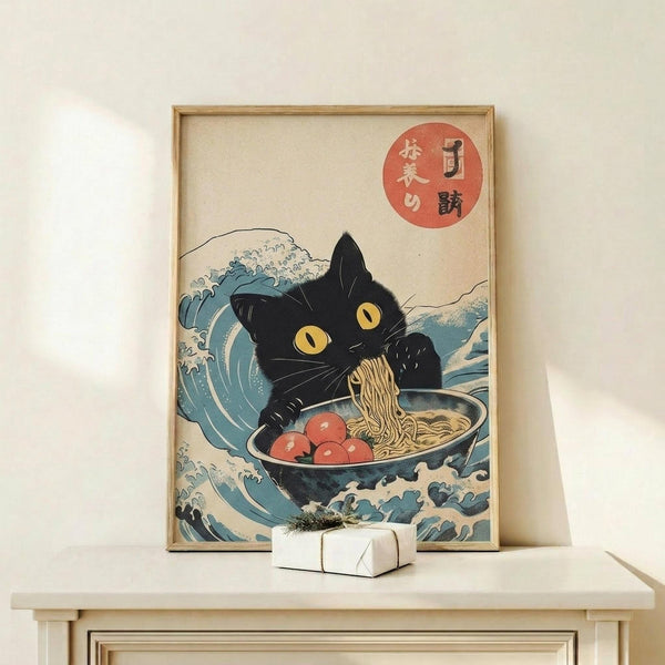 May include: Framed poster print displayed on light wood furniture against white wall. Artwork shows black cat with yellow eyes reaching into ramen bowl with red ingredients, surrounded by blue ocean waves in Japanese ukiyo-e style. Red circular text element in upper right corner. Natural wood frame, cream matting. Small white wrapped gift box with greenery sits in front of frame.