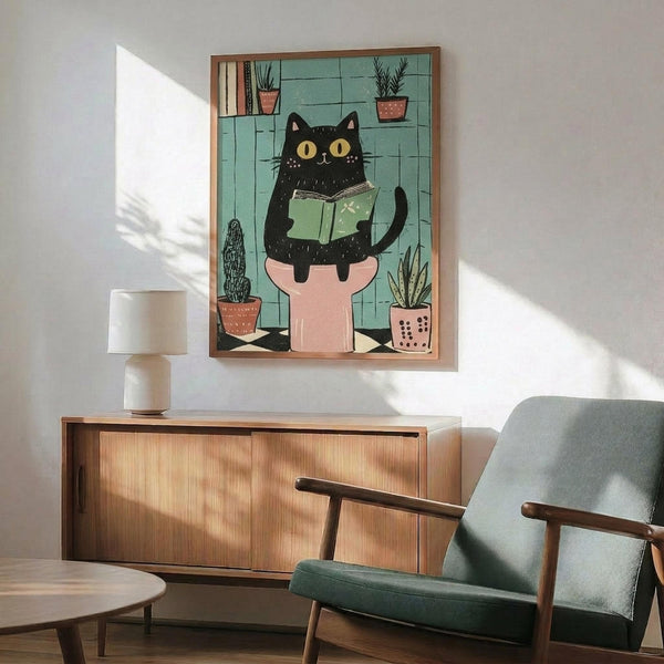 May include: Framed poster print featuring a whimsical black cat with yellow eyes sitting on a pink toilet while reading a green book, surrounded by potted plants on turquoise tile wall background. Displayed above a mid-century modern wooden credenza with table lamp, next to a sage green upholstered armchair with wooden frame in a sunlit room with white walls.