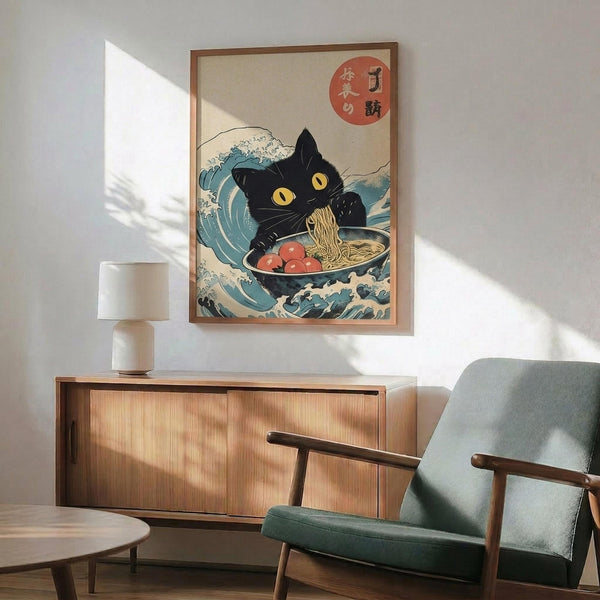 May include: Japanese-style artwork print showing black cat with yellow eyes eating ramen noodles from bowl with red garnish, surrounded by blue ocean waves in ukiyo-e style. Framed poster hangs above mid-century modern wood credenza with white lamp, next to sage green upholstered armchair in bright, minimalist living room setting.