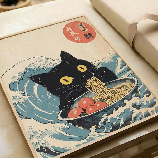Japanese-style woodblock print artwork featuring a black cat with yellow eyes sitting in a ramen bowl surrounded by blue ocean waves reminiscent of Hokusai's Great Wave. The cat holds chopsticks while noodles and red garnishes float in the bowl. A red circular seal with Japanese characters appears in the upper left corner. The print is displayed on cream-colored paper in a wooden frame against white surfaces.