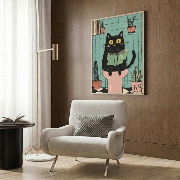 May include: Whimsical illustration of black cat with yellow eyes reading green book while sitting on pink toilet, surrounded by potted plants on turquoise tiled bathroom wall. Framed artwork displayed above beige upholstered armchair with geometric pillow in modern living room with wood paneling, brass floor lamp, and dark side table.