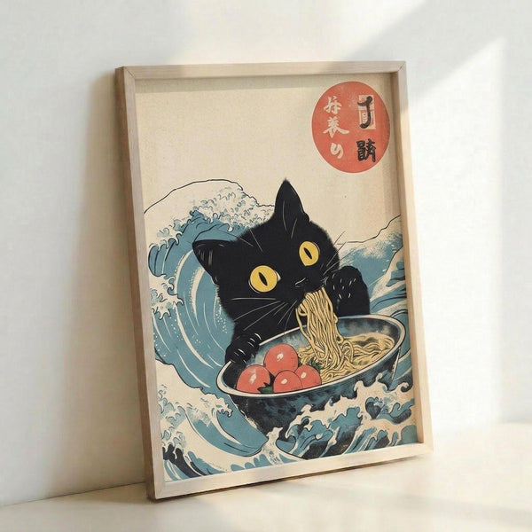 Framed poster print featuring a black cat with yellow eyes sitting in a ramen bowl filled with noodles and red garnishes, surrounded by stylized blue ocean waves in traditional Japanese ukiyo-e art style. The artwork has a cream background with Japanese characters in a red circular seal. The print is displayed in a light wood frame leaning against a white wall.