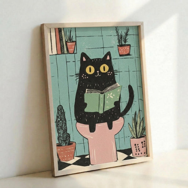 May include: Framed poster print leaning against white wall showing whimsical illustration of black cat with yellow eyes reading green book while sitting on pink toilet. Turquoise tiled bathroom background features potted plants including cactus and snake plants on shelves. Light wood frame surrounds colorful artwork with hand-drawn style and playful bathroom scene.