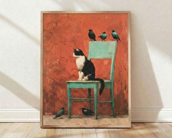 May include: Framed art print leaning against white wall on light wood floor. The artwork shows a black and white tuxedo cat sitting on a turquoise wooden chair against a textured orange-red wall. Three small dark birds perch on top of the chair back, with two more birds on the ground below. The vintage-style illustration has a weathered, painterly texture. Natural wood frame surrounds the print.