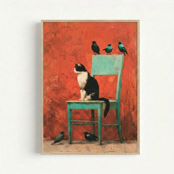 Framed artwork showing a black and white tuxedo cat sitting on a turquoise wooden chair against a textured orange-red wall. Three small dark birds perch on the chair back while two more birds sit on the floor below. The vintage-style illustration has a painterly quality with warm, muted tones and appears printed on canvas or textured paper within a light wooden frame.