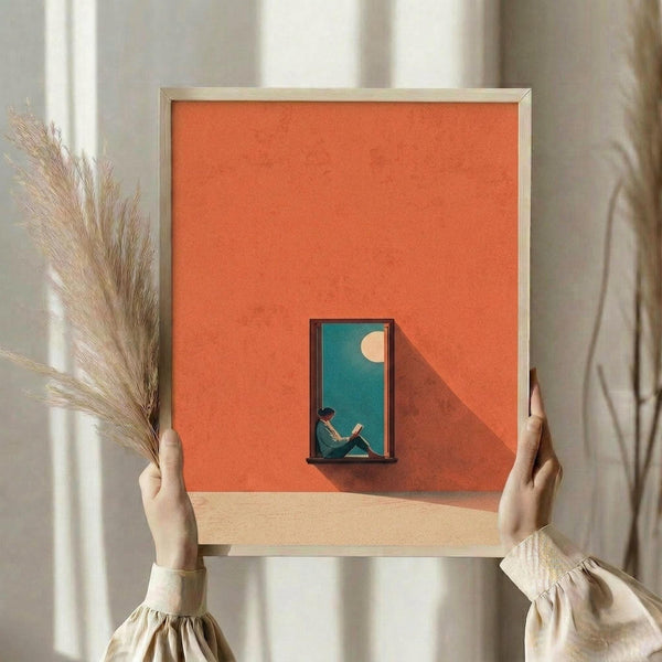 May include: Hands holding framed artwork featuring orange geometric walls with small doorway containing silhouette of person reading, partial moon visible, minimalist contemporary style. Light wood frame against neutral curtained background with dried pampas grass visible on left side.