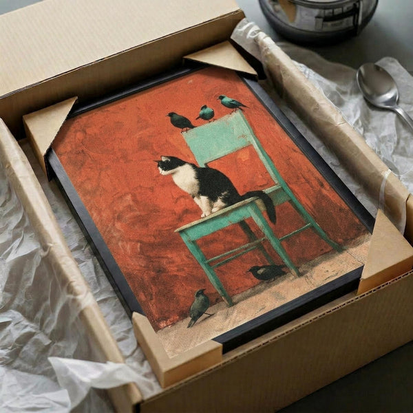 May include: Framed poster print in black frame with cardboard packaging, showing vintage-style artwork of black and white tuxedo cat sitting on turquoise wooden chair surrounded by small dark birds against warm orange-red textured background. Frame sits in shipping box with protective tissue paper on table surface.