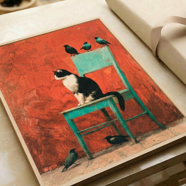 Vintage-style illustrated poster showing a black and white tuxedo cat sitting on a turquoise wooden chair against a vibrant coral red textured background. Several small dark birds perch on and around the chair. The artwork has a folk art aesthetic with warm, earthy tones and appears to be printed on canvas or textured paper, displayed in an open art book or portfolio.
