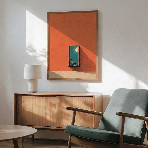 May include: Modern orange and teal geometric poster artwork displayed in wood frame above mid-century credenza. Features minimalist illustration of person reading by window with moon visible. Shown with sage green upholstered armchair, white ceramic table lamp, and round coffee table in sunlit room with white walls and natural shadows.
