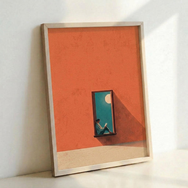 May include: Framed art print leaning against white wall showing orange textured background with small rectangular window opening. Inside window sits figure reading book under teal sky with pale moon. Minimalist contemporary style with warm terracotta and cool blue-green color palette. Light wood frame casts subtle shadow on wall.