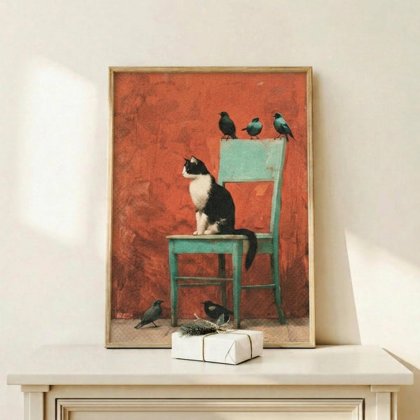 May include: Framed poster print displayed on light wood shelf showing black and white tuxedo cat sitting on turquoise wooden chair against coral red textured background, with several small dark birds perched on chair back and floor. Small white gift box with greenery sits beside gold-framed artwork on minimalist wooden furniture against cream wall.