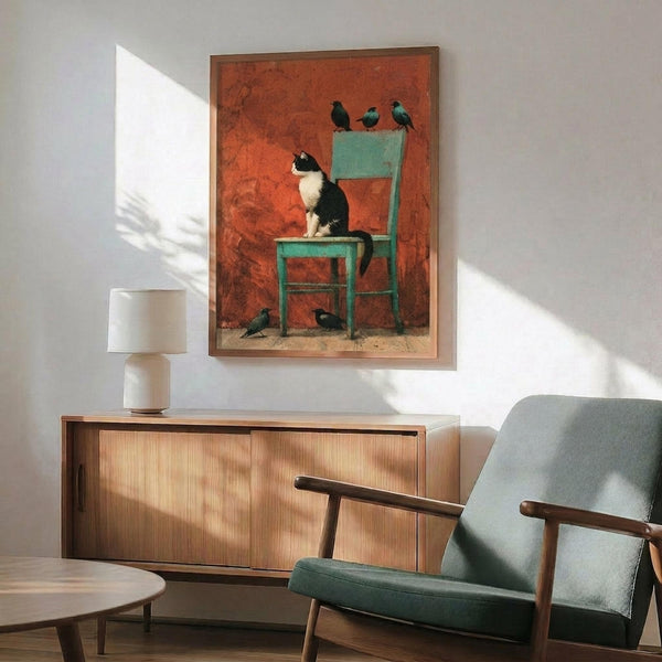 May include: Modern living room with wooden sideboard, teal upholstered chair, and white table lamp. Framed artwork on white wall shows black and white tuxedo cat sitting on turquoise wooden chair with several small dark birds perched above and below, set against warm reddish-orange textured background. Natural sunlight creates geometric shadows across the scene.