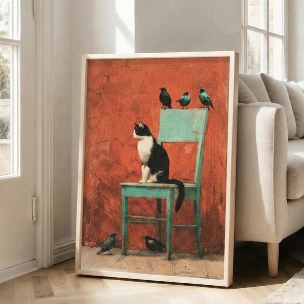 May include: Framed poster print leaning against white wall next to beige sofa in bright living room. Artwork shows black and white tuxedo cat sitting on turquoise wooden chair with three small dark birds perched on chair back and two birds on floor below. Background features warm orange-red textured wall. Print has light wood frame and textured canvas appearance.